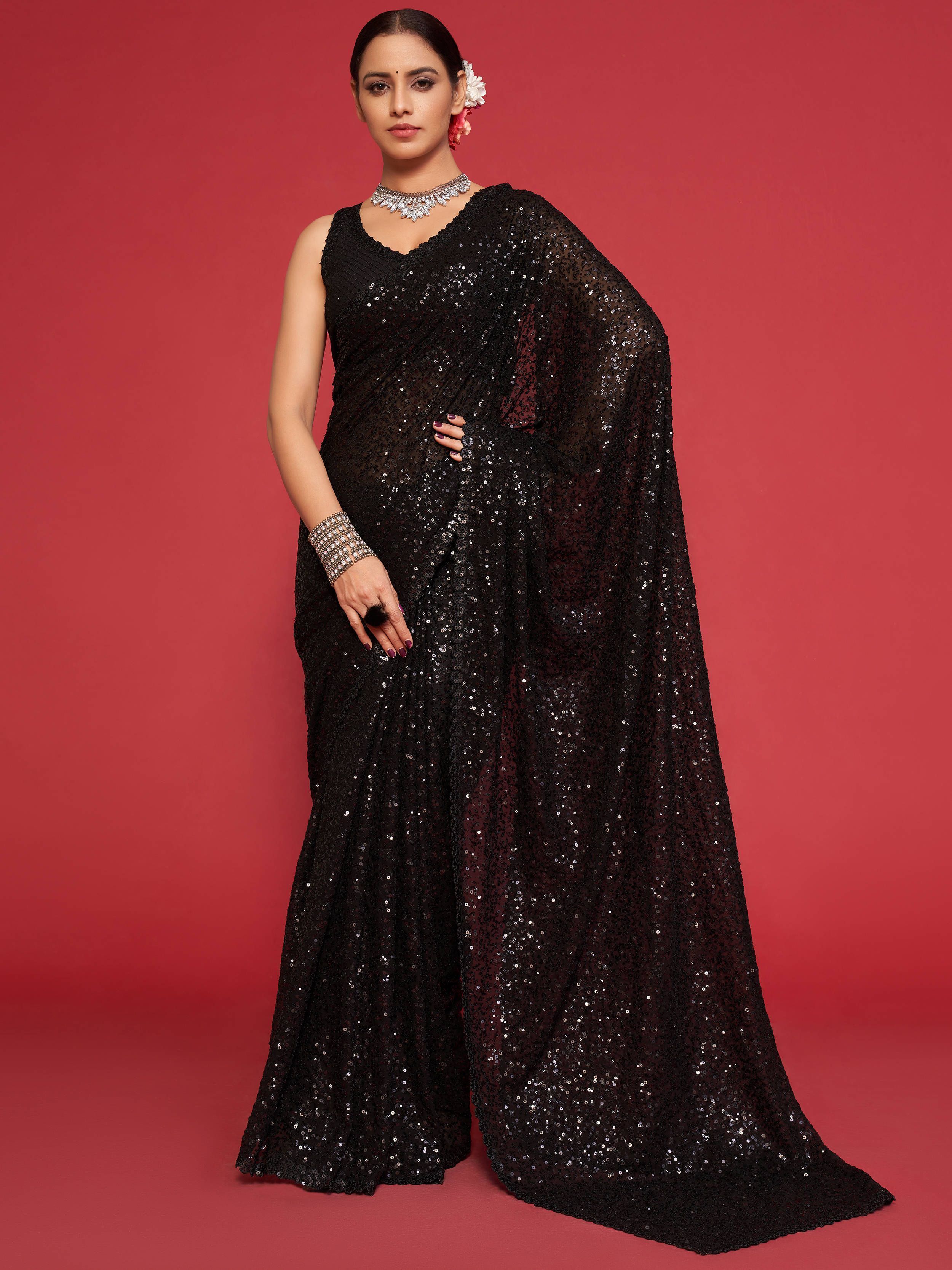 Buy Black Fully Sequined Georgette Party Wear Saree from EthnicPlus.