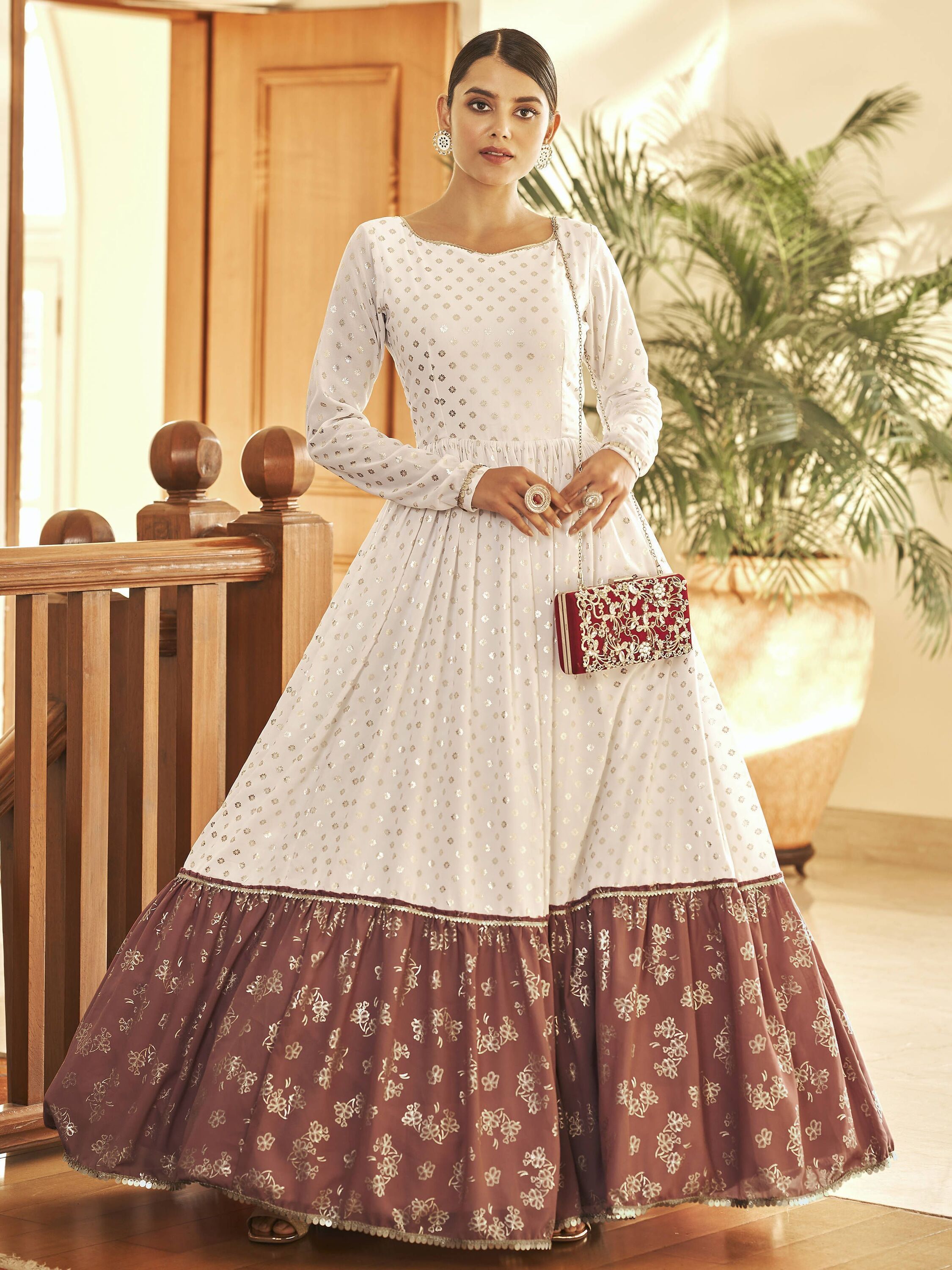 Buy White Foil Work Georgette Party Anarkali Gown from Ethnic Plus