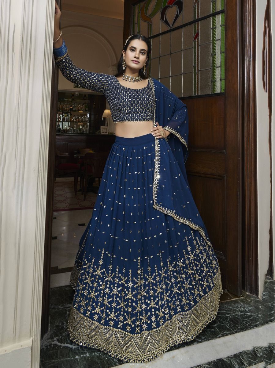 Buy Blue Sequence Embroidered Georgette Lehenga Choli At Ethnic Plus