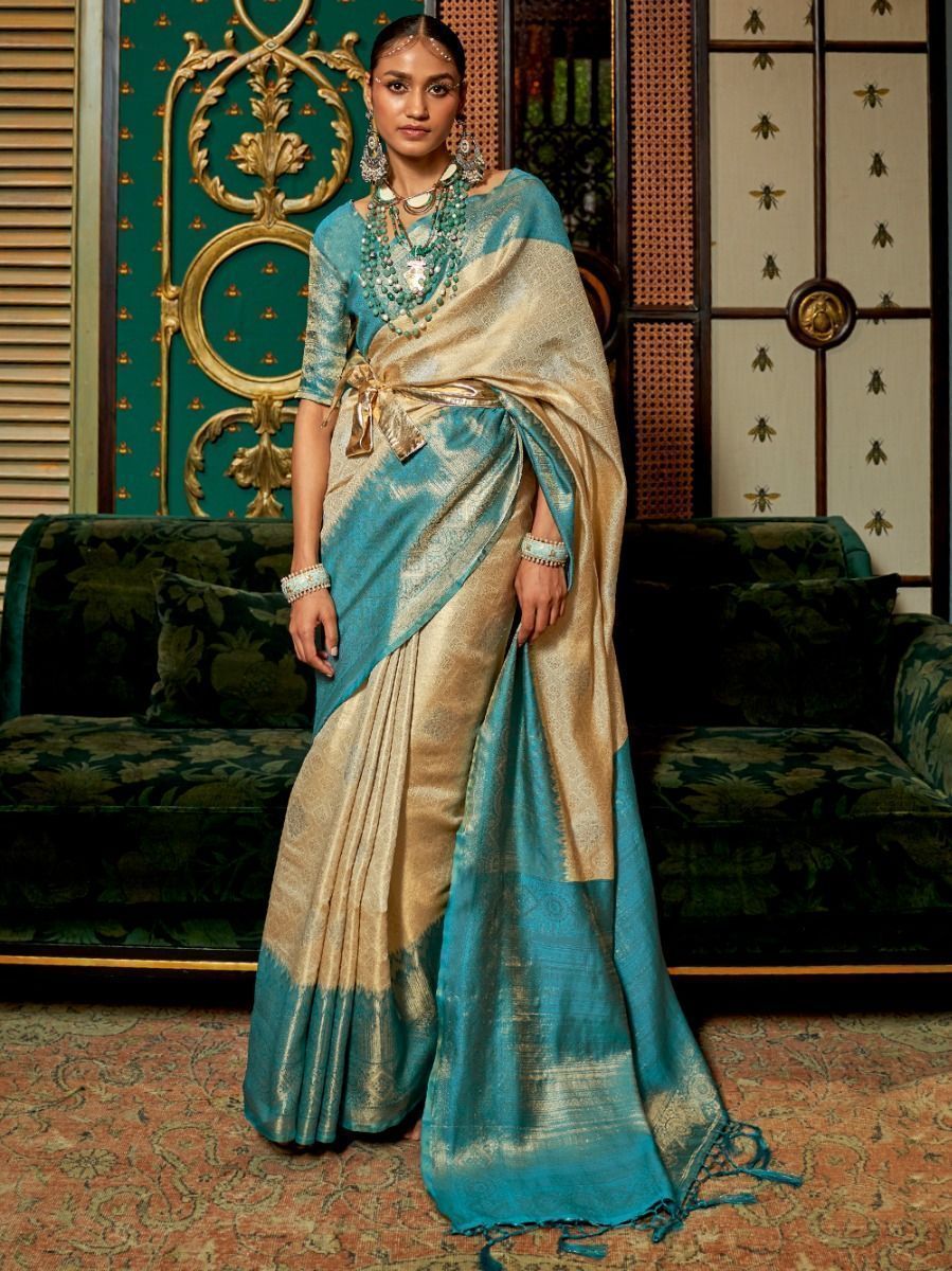 Buy Beige And Blue Weaving Kanjivaram Silk Saree At Ethnic Plus