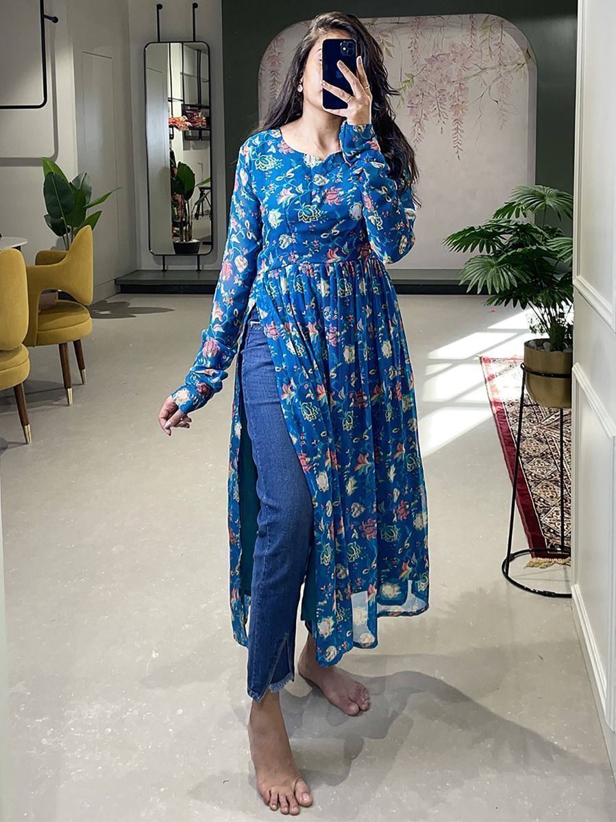 Buy Blue Floral Georgette Naira Cut Casual Wear Kurti From Ethnic Plus