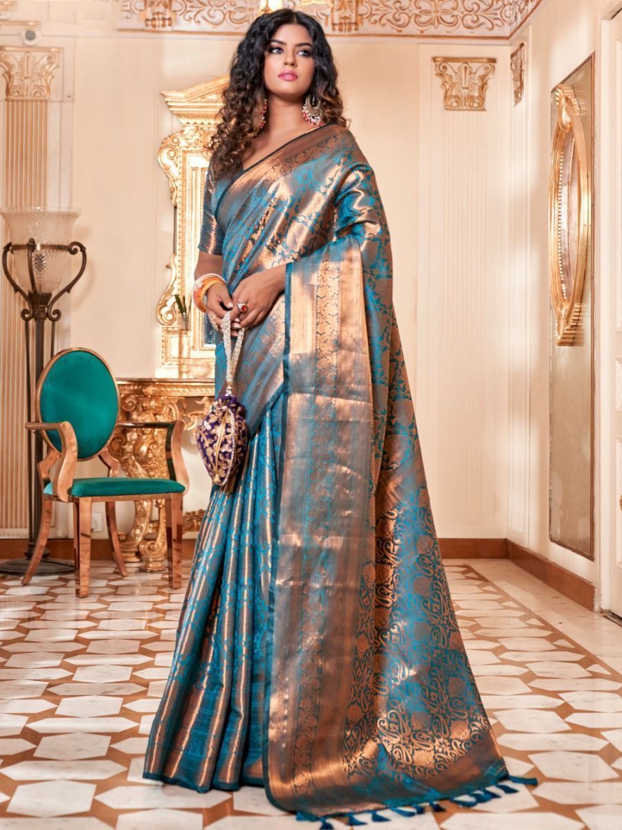 Buy Sky Blue Heavy Weaving Kanjivaram Silk Saree At Ethnic Plus