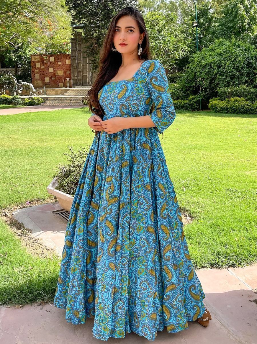 Buy Sky-Blue Digital Printed Cotton gown At Ethnic Plus