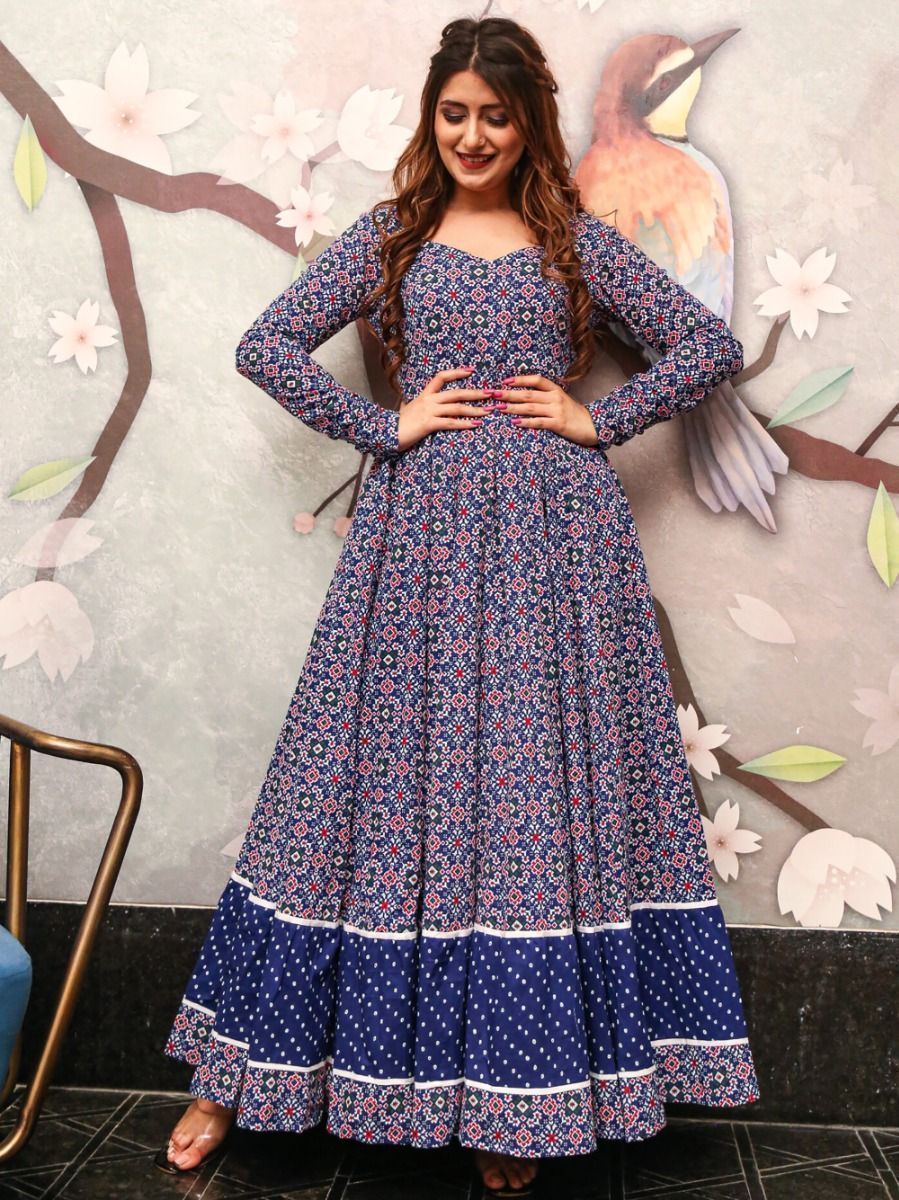 Buy Blue Digital Printed Cotton Ready-made gown At Ethin Plus