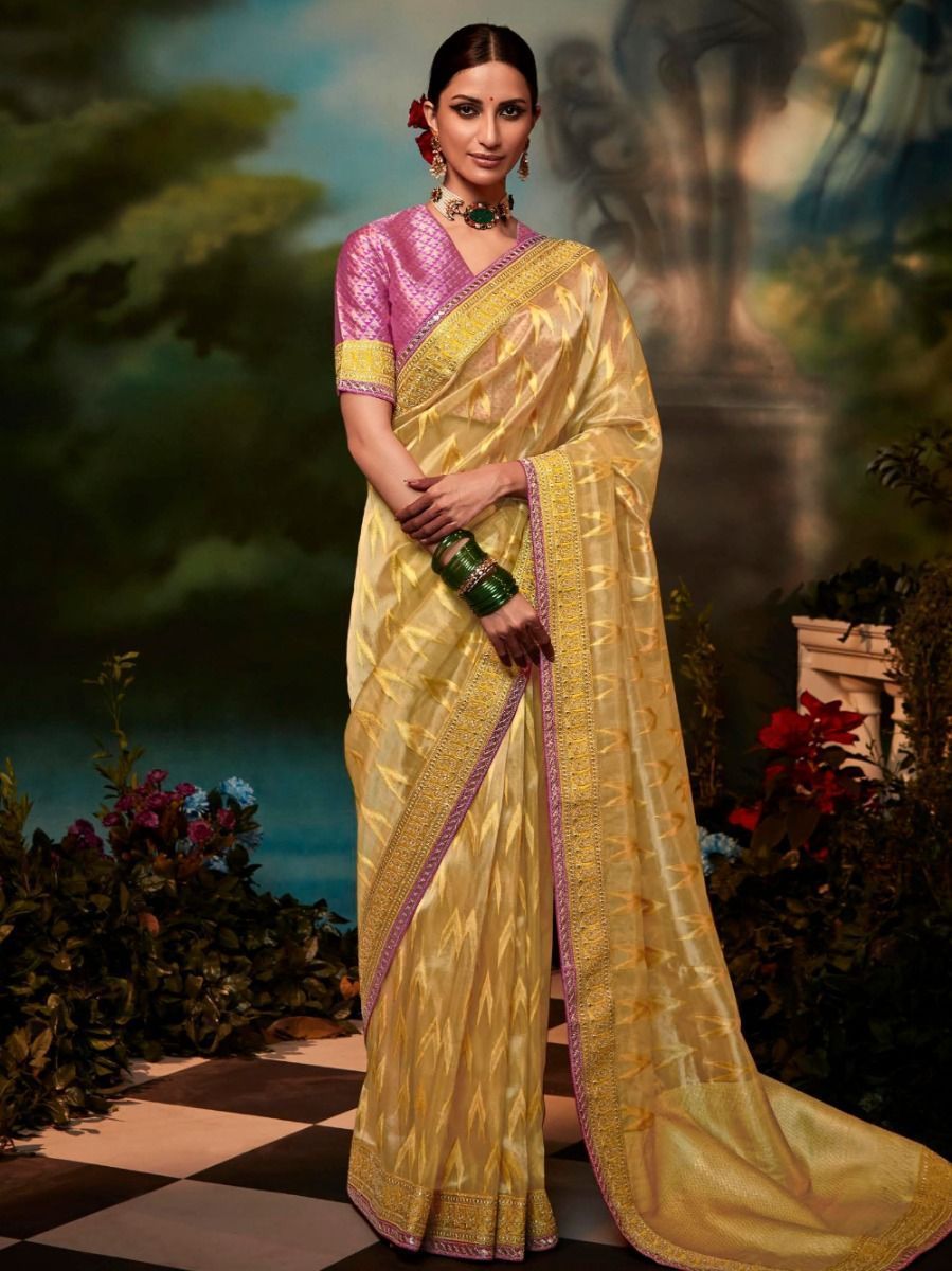 Buy Yellow Organza Silk Weaving Saree With Blouse At Ethnic Plus