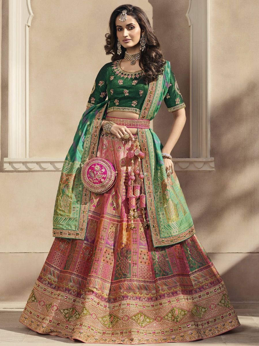 Buy Multi-color Zari Banarasi Silk Bridal Wear Lehenga choli From Ethnic  Plus