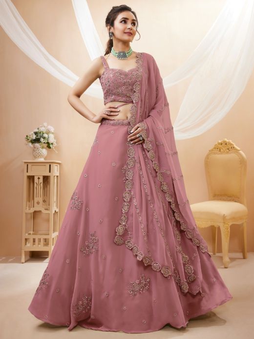 Embroidered Georgette Jacket Style Lehenga in Light Beige : LCC130