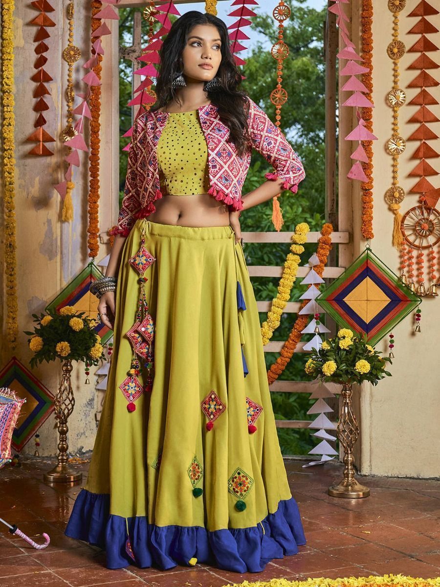 Buy Fluorescent Green Mirror Cotton Navratri Chaniya Choli With Koti From  Ethnic Plus