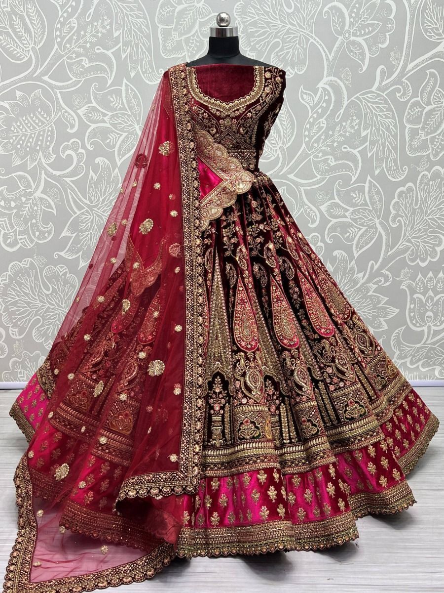 Embroidered Velvet Bridal Lehenga with Double Chunni in Wine color-818 –  Saundaryam Fashions