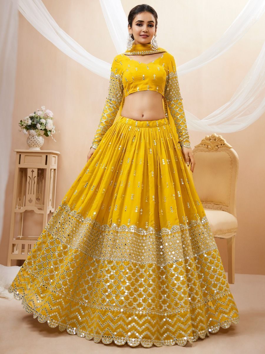 Buy Beautiful Yellow Zari Embroidered Georgette Haldi Wear Lehenga Choli  Online At Ethnic Plus