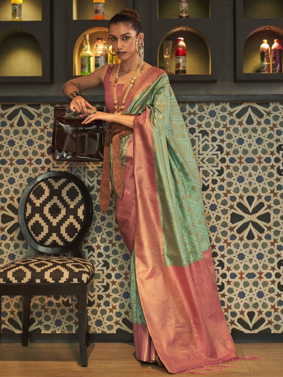 Buy Green-Peach Zari Weaving Silk Saree With Blouse At Ethnic Plus
