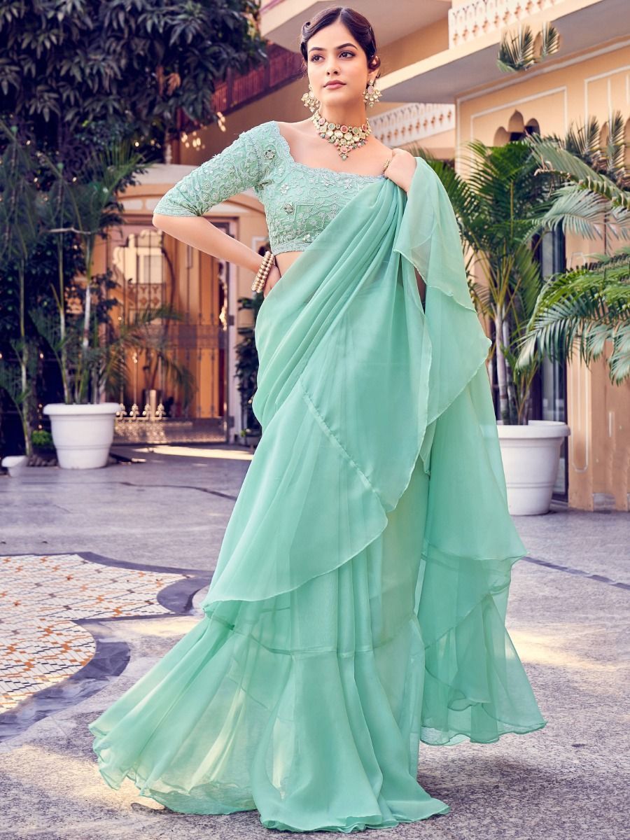 Buy Sea-green Sequins Organza Party Wear Ruffle Saree With Blouse ...