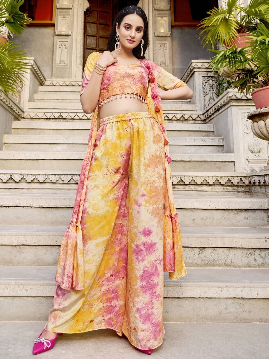 Buy Yellow Printed Silk Palazzo Top With Shrug From Ethnic Plus