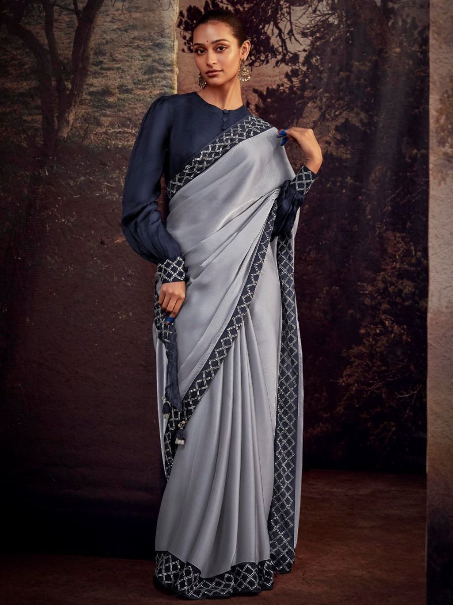 Buy Impressive Grey Banglory Silk Party Wear Saree With Blouse