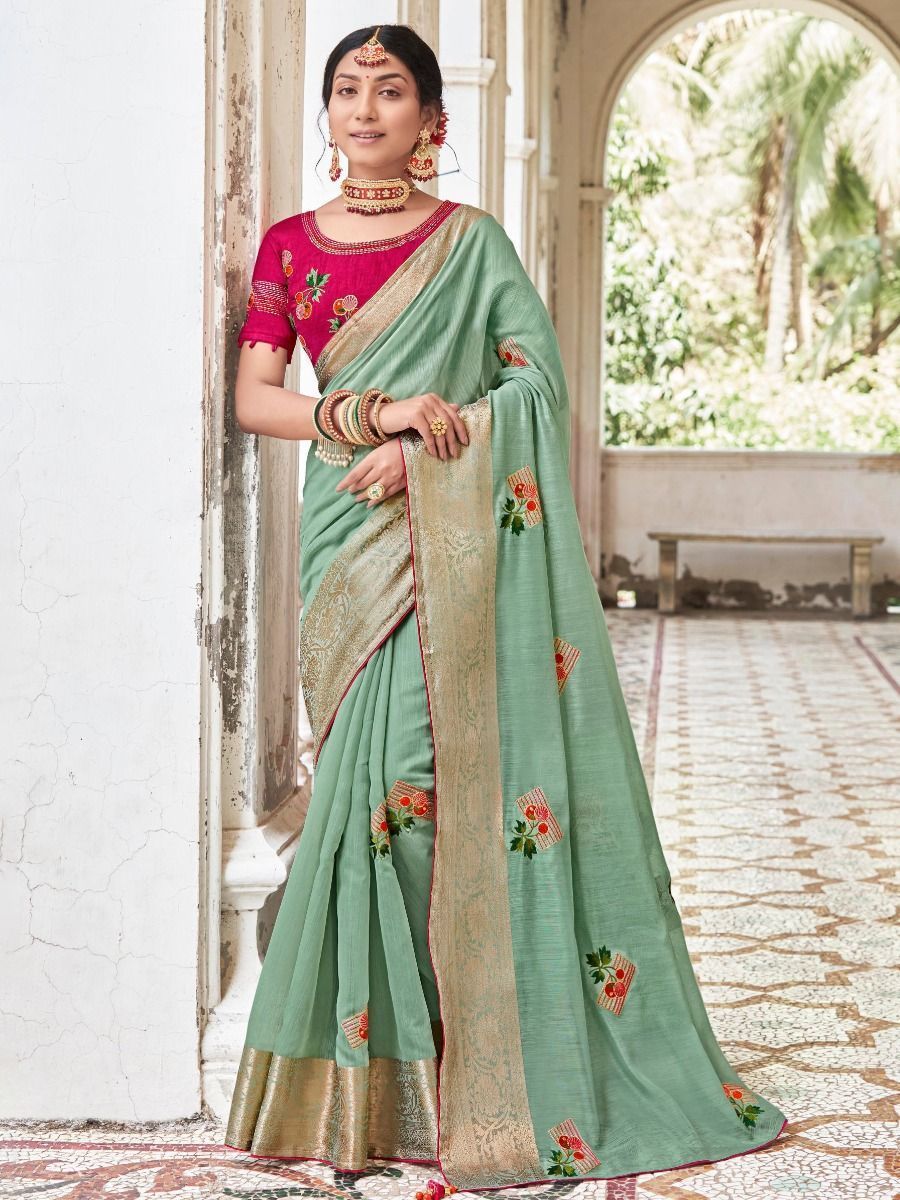 Shop Sea Green Embroidered Cotton Occasion Wear Saree With Blouse From  Ethnic Plus