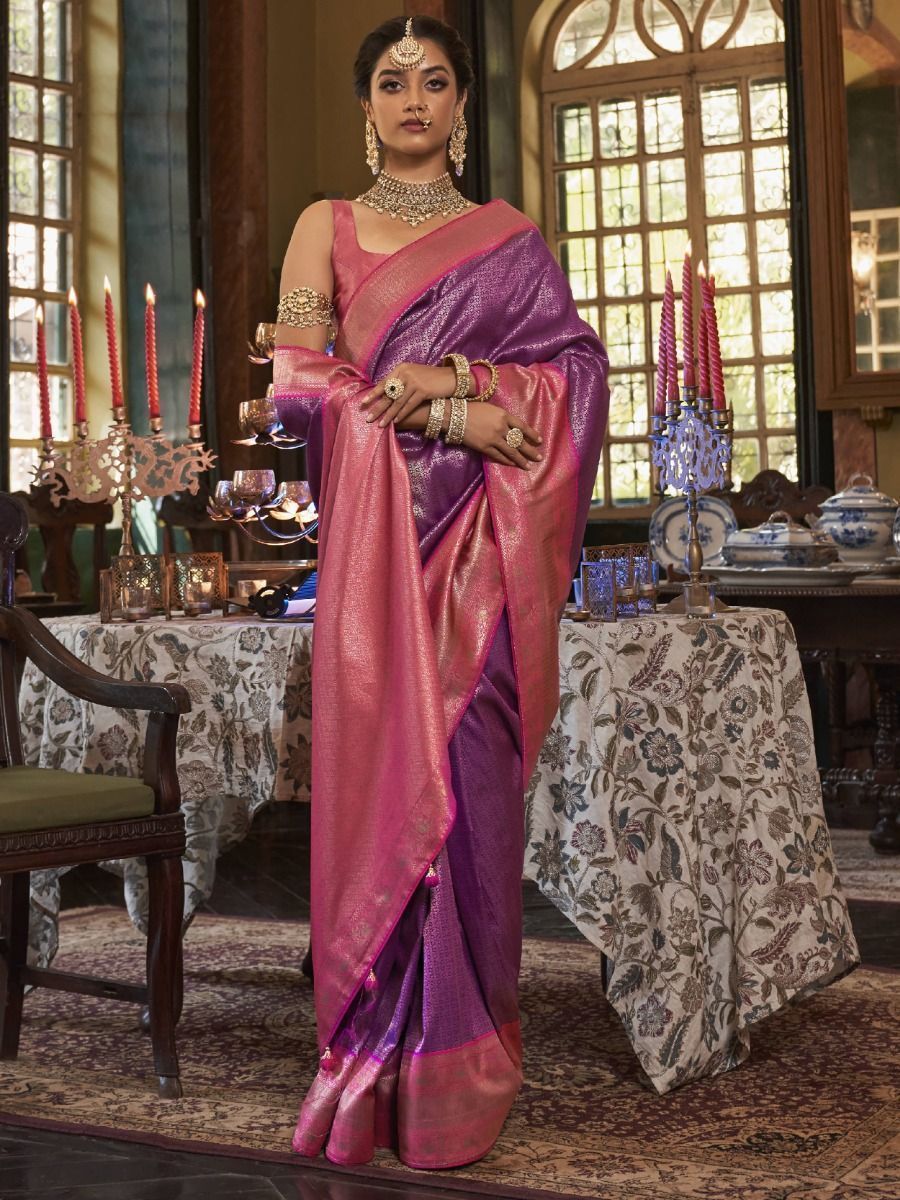 Buy fospy Woven Kanjivaram Silk Blend, Jacquard Purple Sarees Online @ Best  Price In India | Flipkart.com