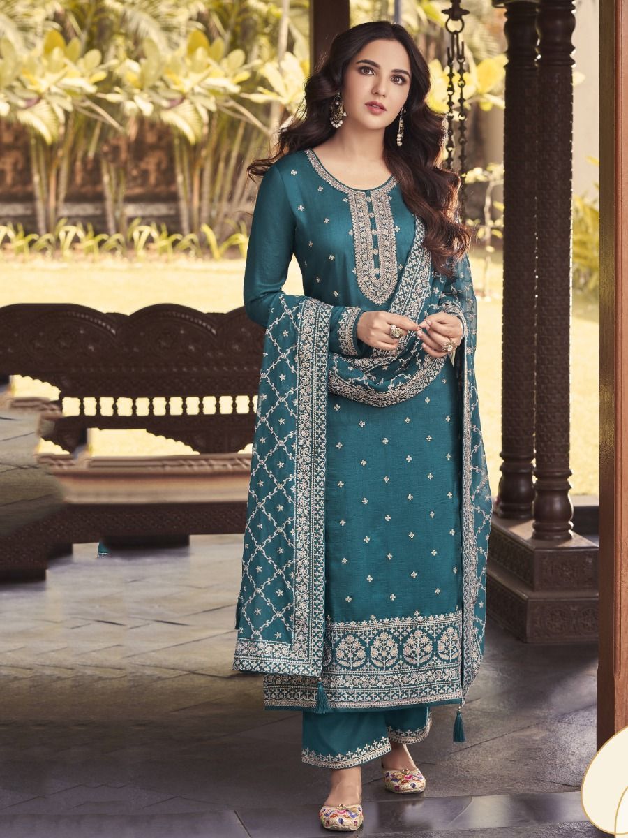 Buy Turquoise Embroidered Dola Silk Party Wear Salwar Kameez From Ethnic  Plus