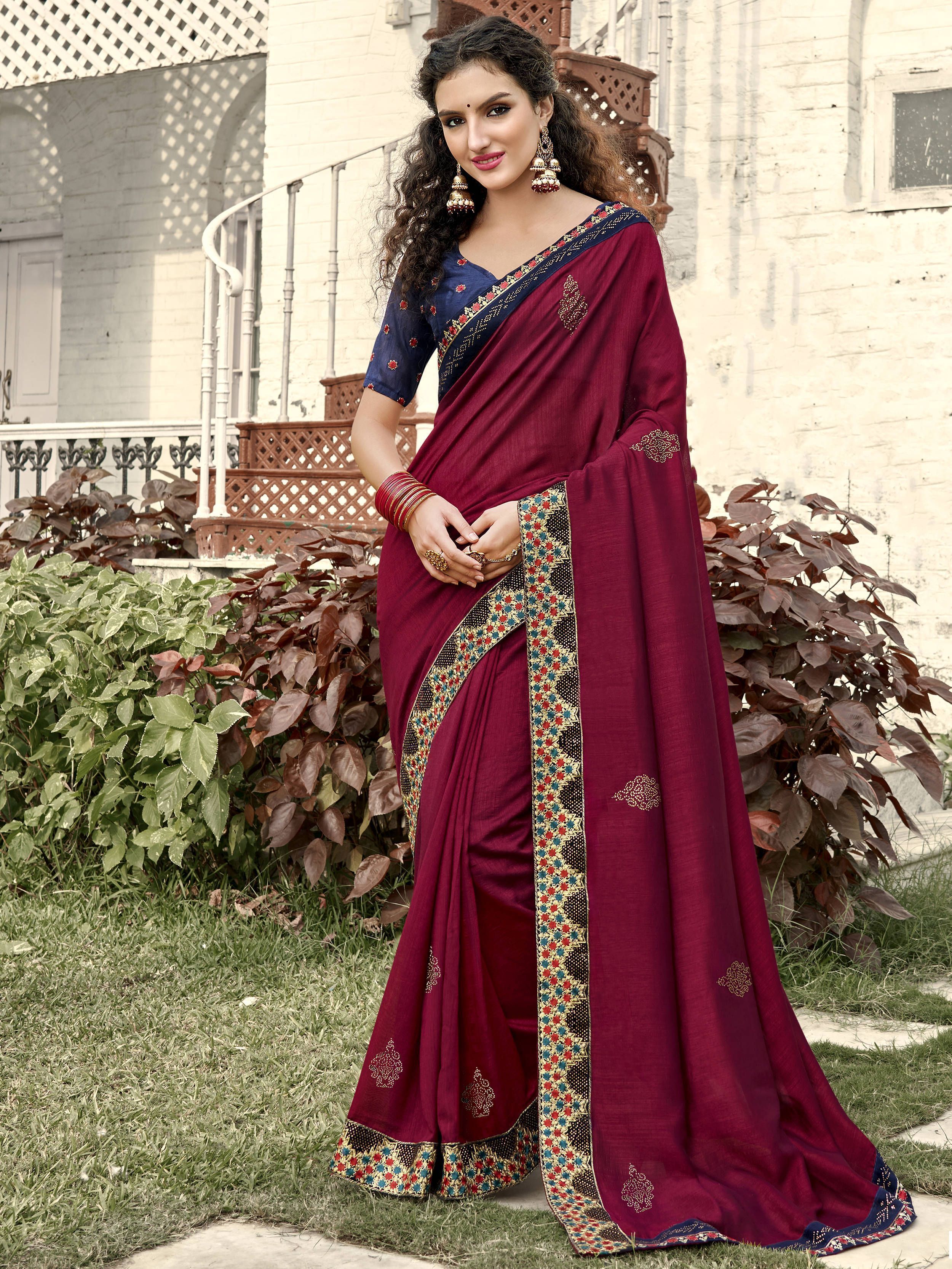 Buy Maroon Georgette Embroidered Wedding Wear Saree From Ethnic Plus