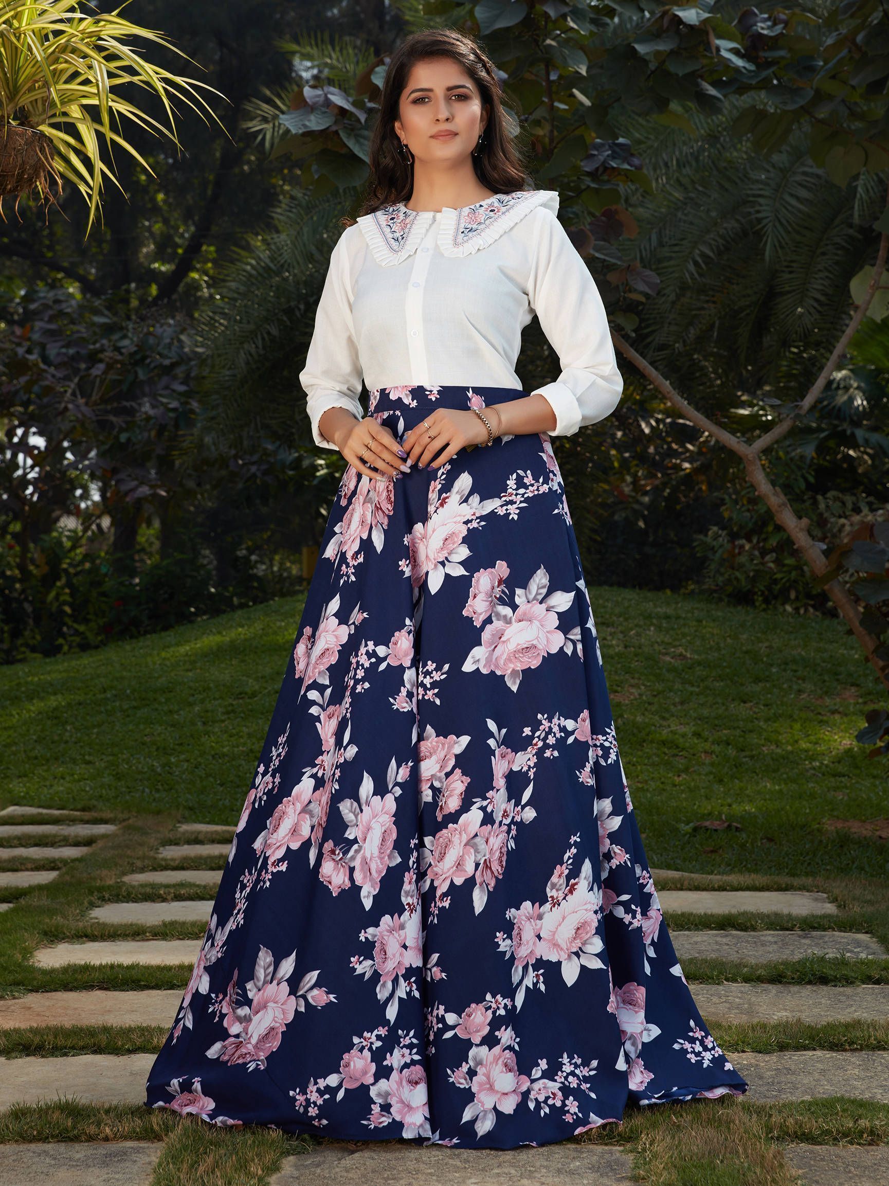 Buy Blue Floral Crepe Indo Western Ready To Wear Skirt With Crop Top Online  from EthnicPlus for ₹1699