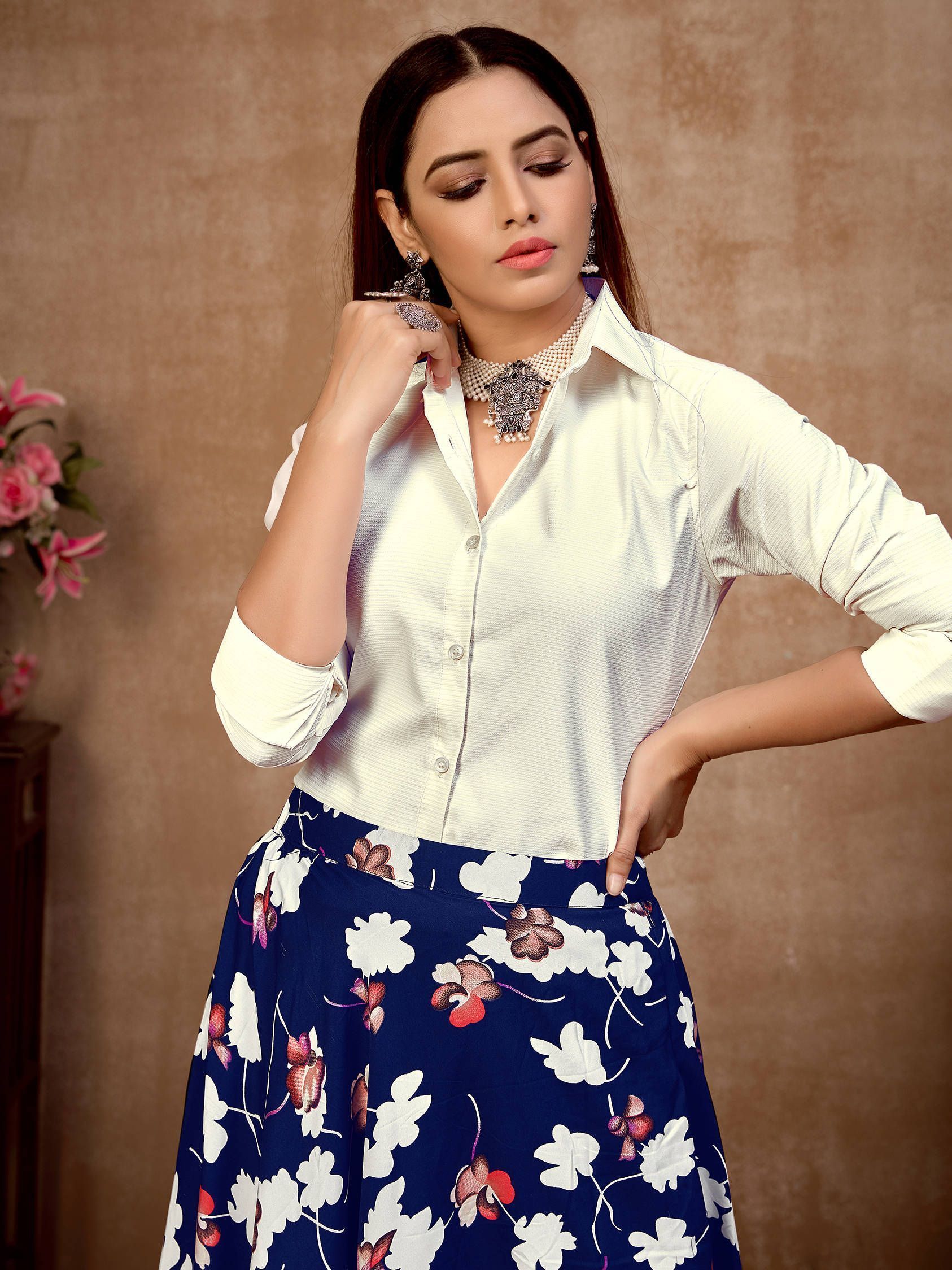 Buy Blue & White Floral Silk Indo-Western Ready To Wear Skirt With Shirt