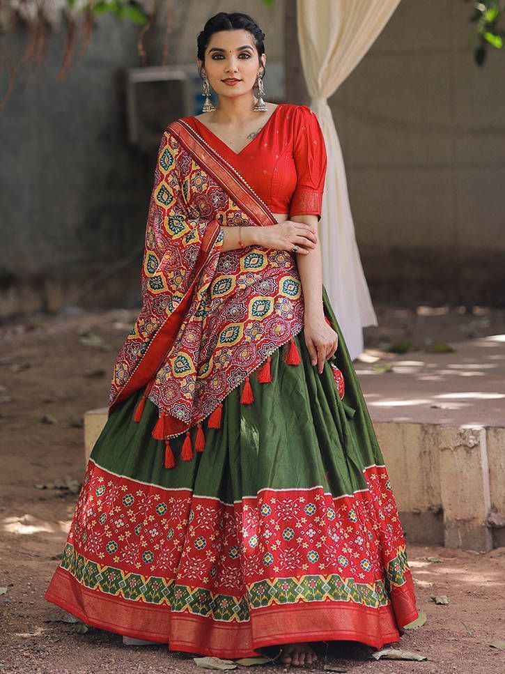 Buy Green Red Patola Printed Silk Lehenga Choli From Ethnic Plus