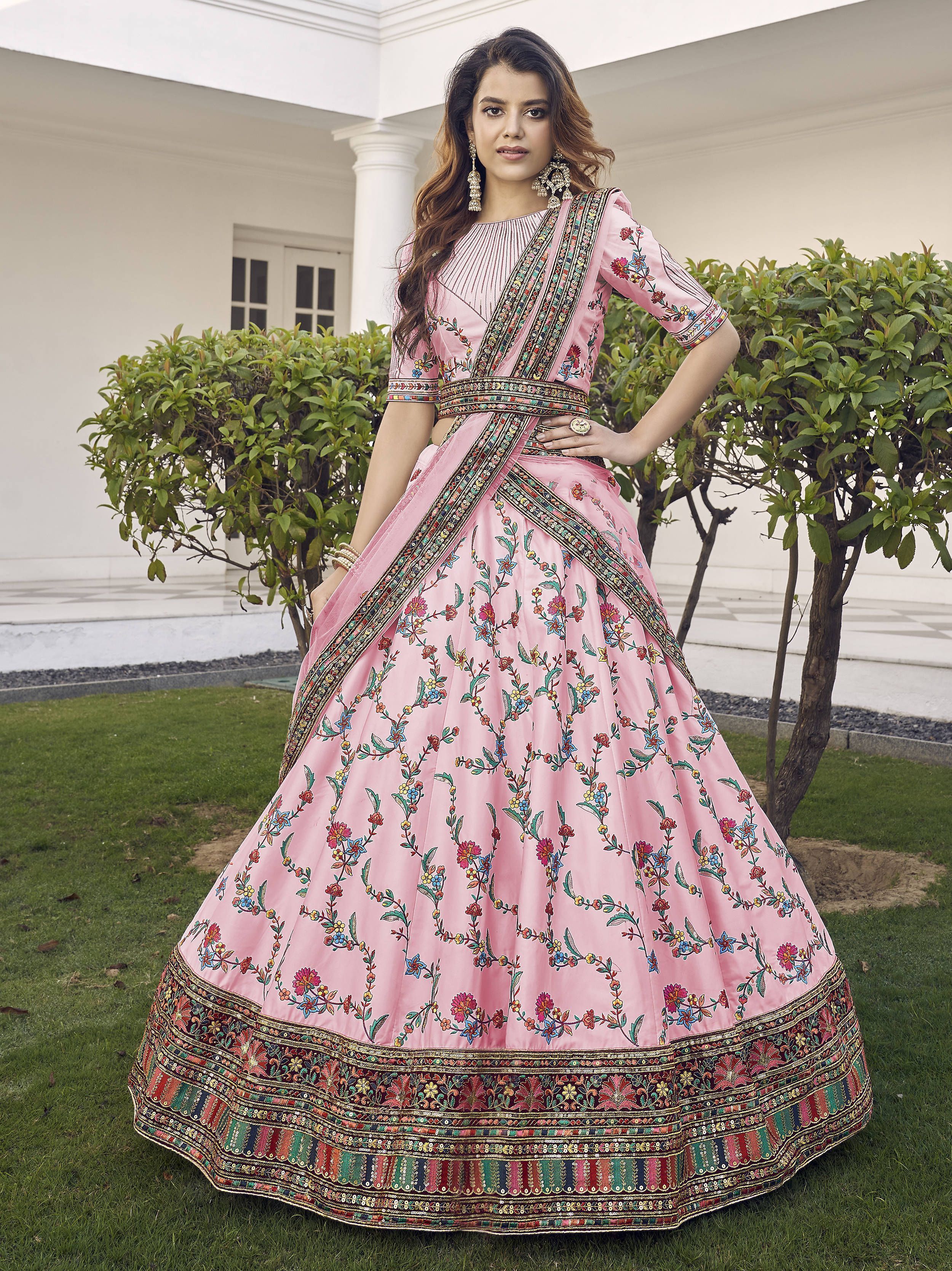 Buy Pink Sequins Work Silk Wedding Wear Lehenga Choli from Ethnic Plus