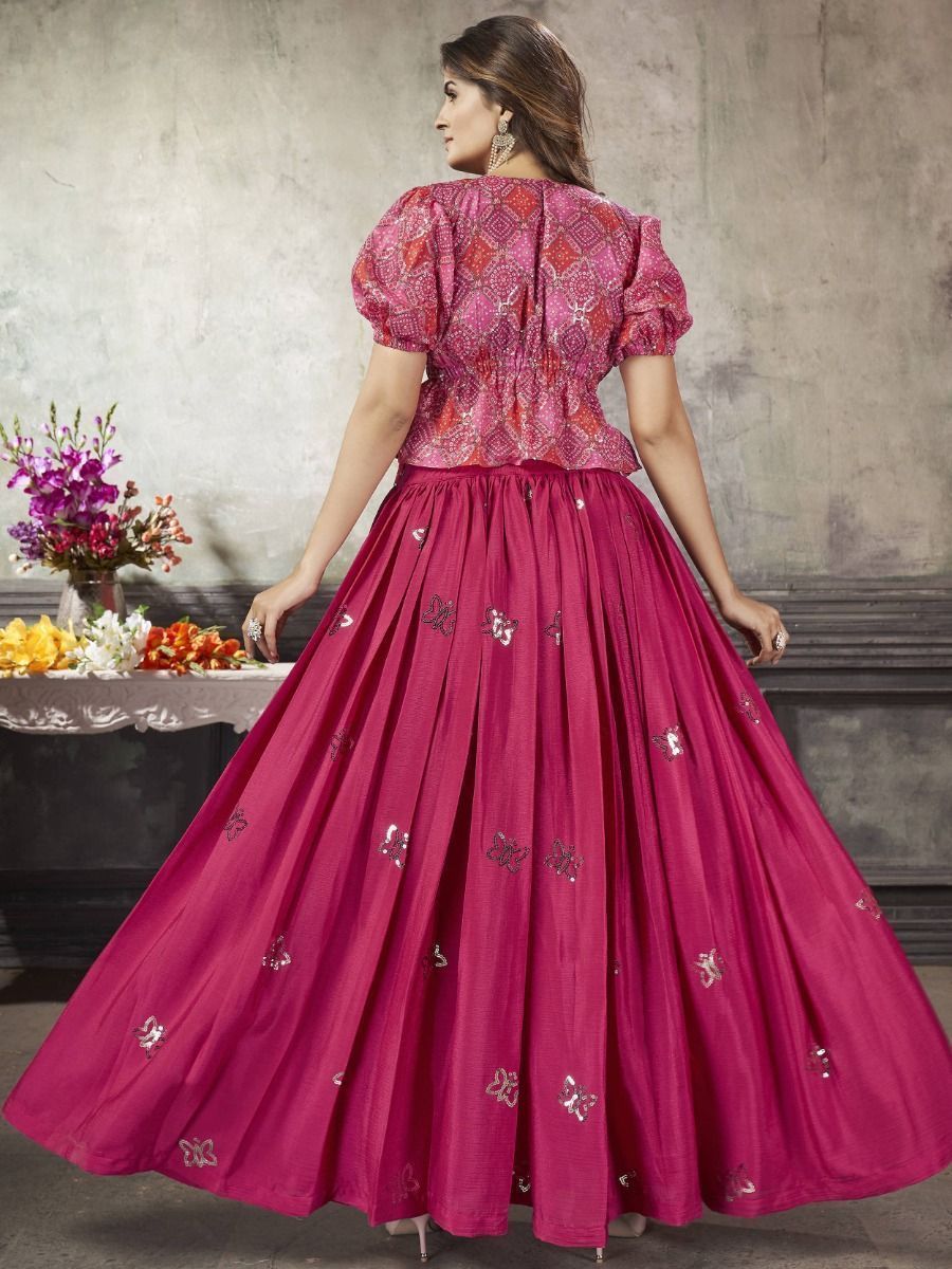 Buy Pink Color Sequined Silk Ready-To-Wear Crop-Top Lehenga From Ethnic Plus