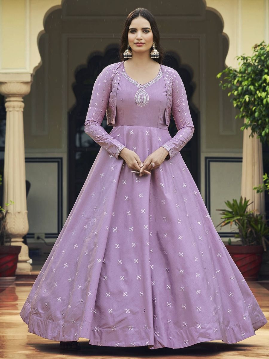 Buy Captivating Light Purple Sequins Work Cotton Gown With Jacket Online At  Ethnic Plus
