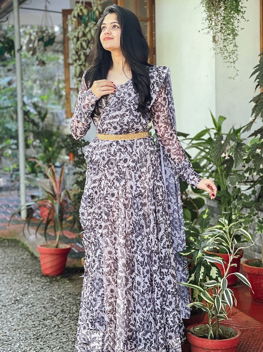 Buy Black Floral Printed Georgette Gown With Dupatta At Ethnic Plus