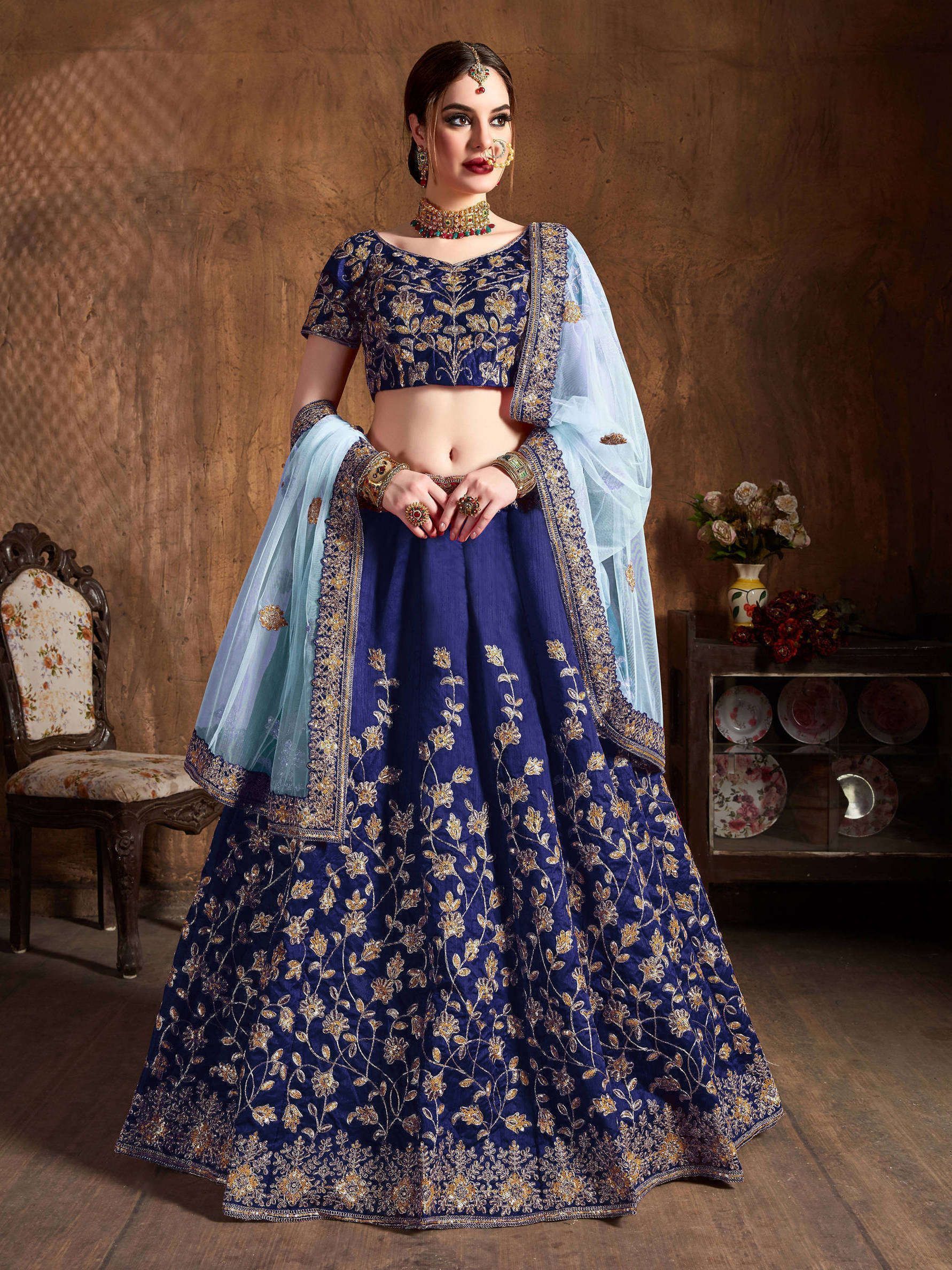 Buy Navy Blue Sequins Raw Silk Bridal Lehenga Choli With Sky Blue Dupatta  Online from EthnicPlus for ₹2799