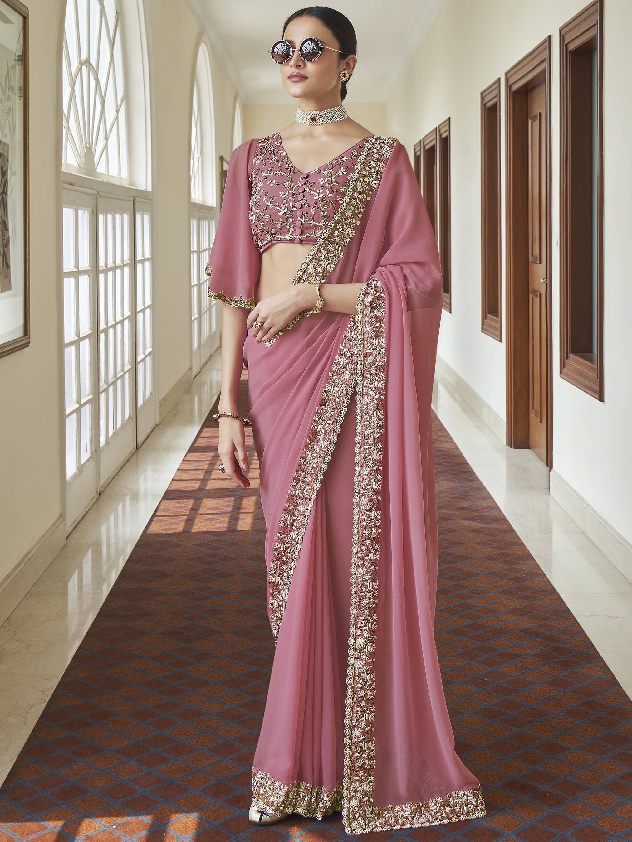 Buy Peach Pearl Work Georgette Party Wear Saree With Blouse from Ethnic plus