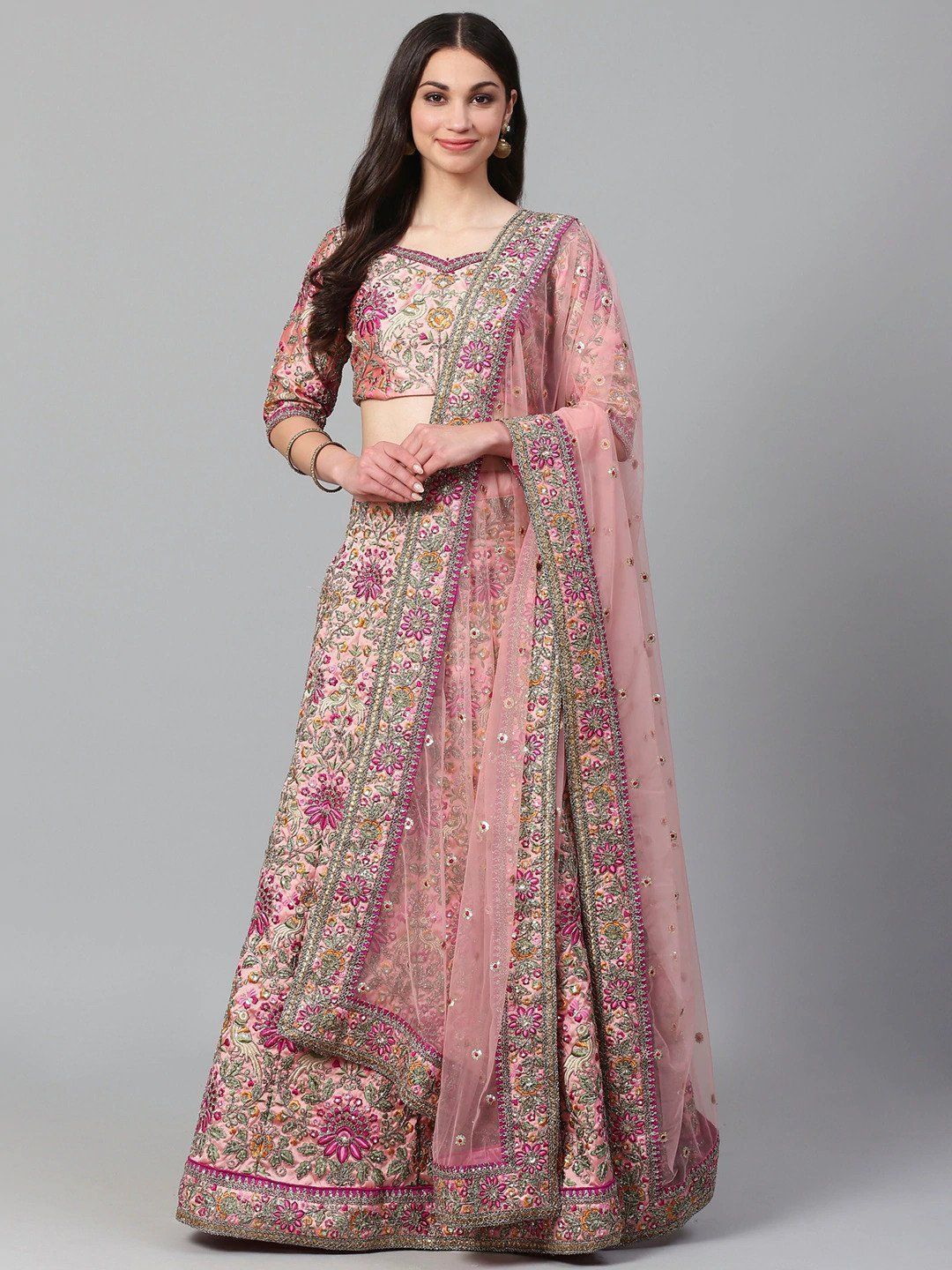 Buy Pink & Golden Semi-Stitched Myntra Lehenga & Unstitched Blouse with  Dupatta Online | Ethnic Plus