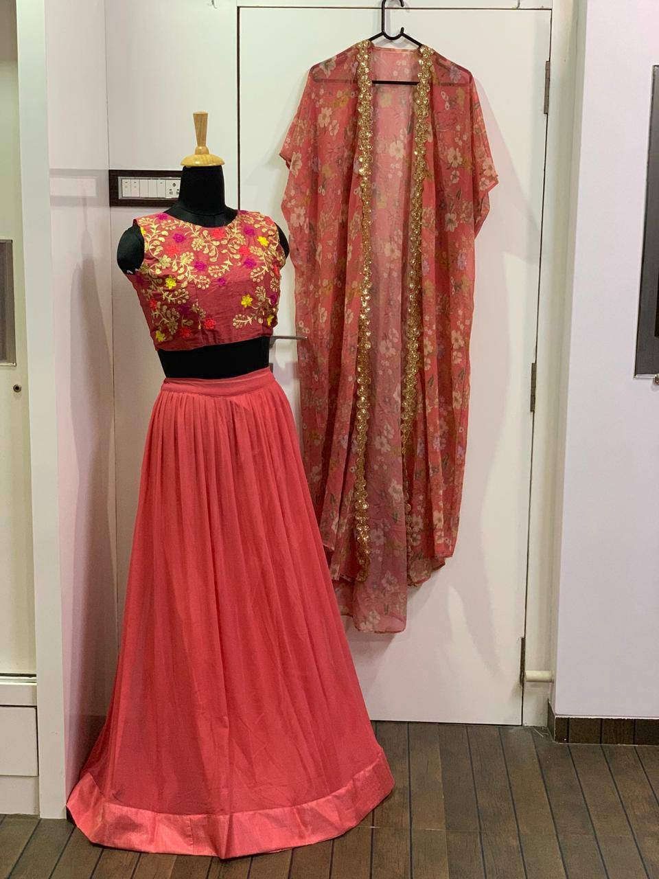Buy Dusty Pink Floral Printed Georgette Party Wear Indo-Western Lehenga  Suit With Shrug Online from EthnicPlus for ₹2,499.00
