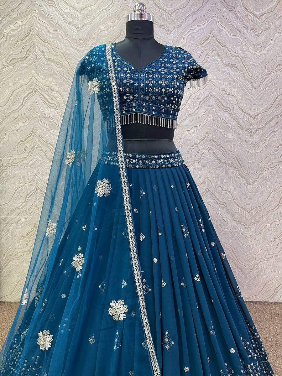 Buy Peacock Blue georgette party wear designer lehenga choli at