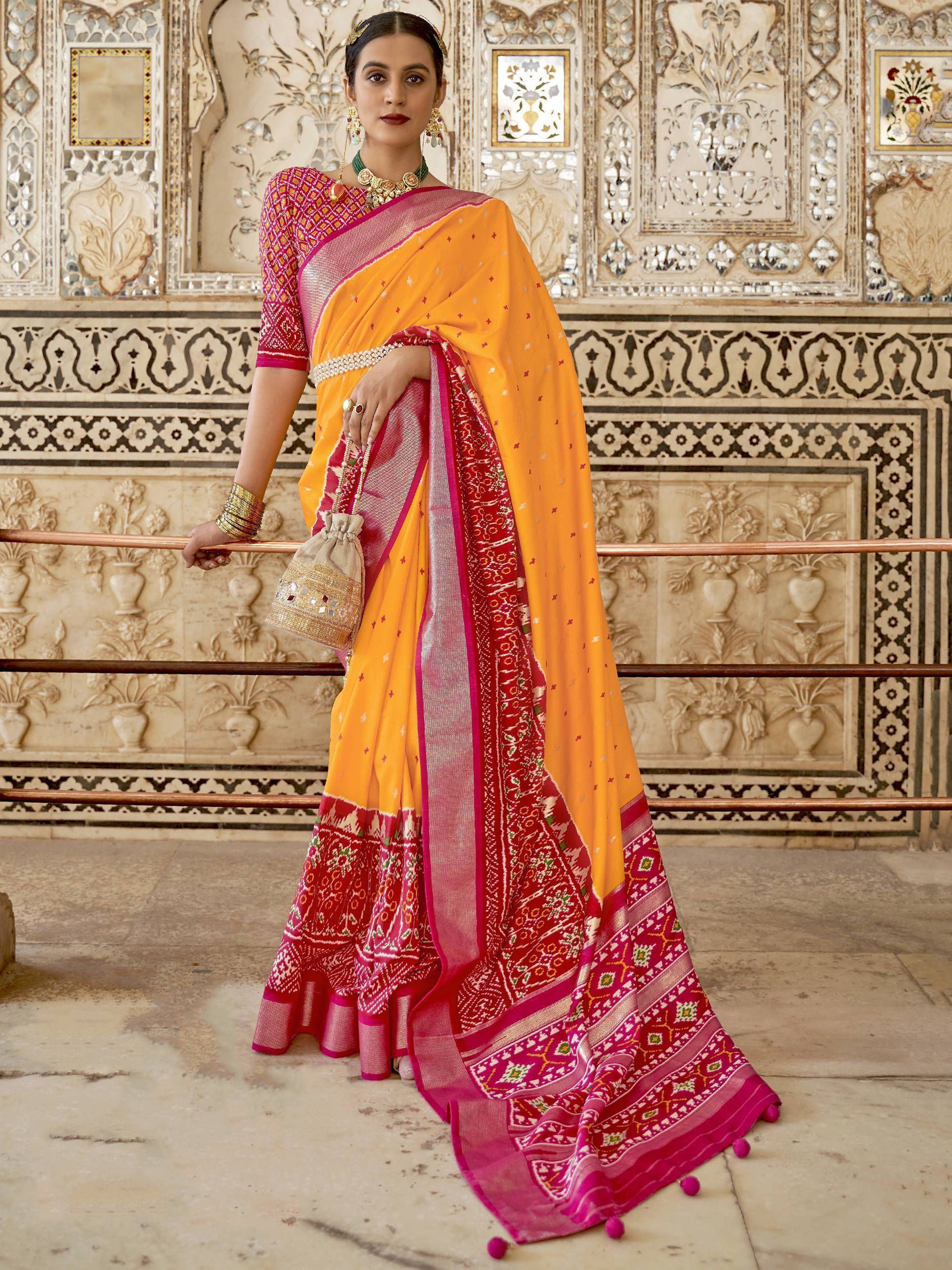 Buy Dazzling Yellow & Pink Patola Wedding Slik Saree From Ethnic Plus