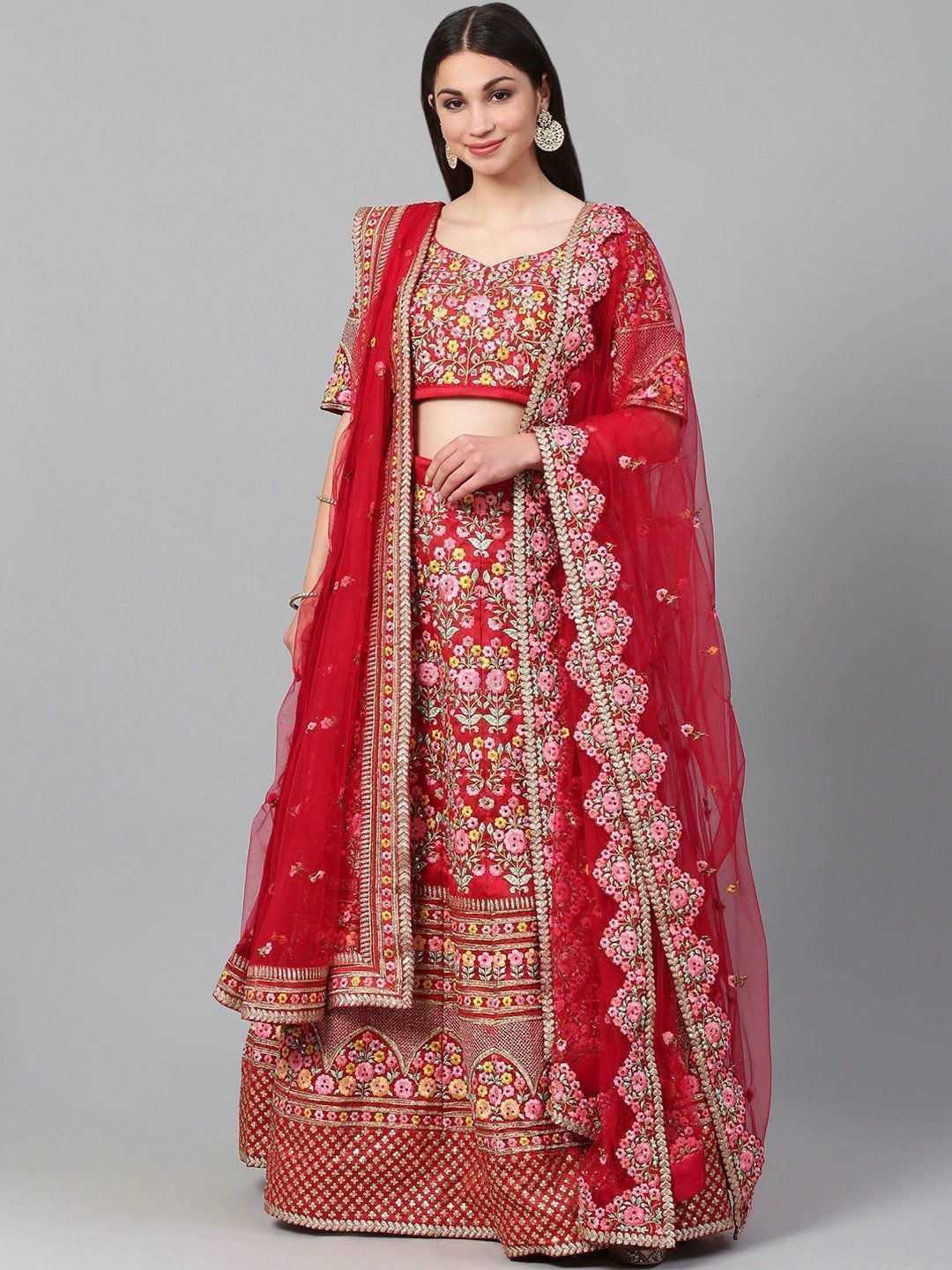 Buy Red & Pink Embroidered Semi-Stitched Myntra Lehenga & Unstitched Blouse  with Dupatta Online from EthnicPlus for ₹5449