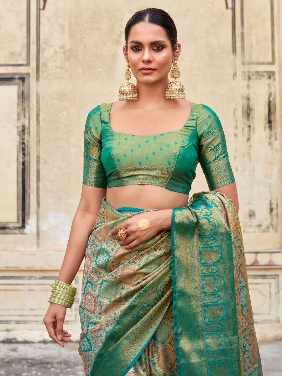 Buy Sage Green Zari Weaving Silk Wedding Wear Saree From Ethnic Plus