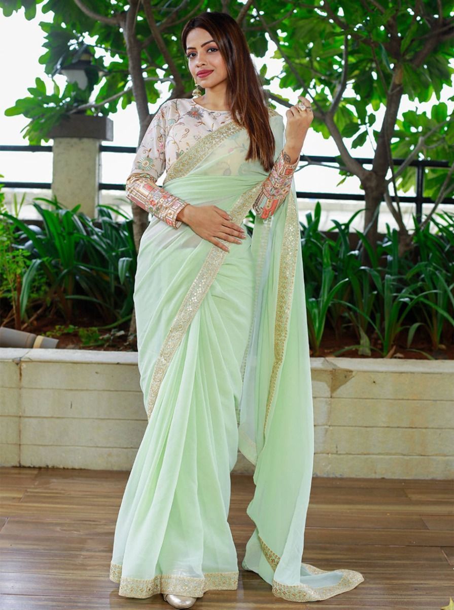 Buy Baby Pink Fancy Embroidery Georgette Saree At Ethnic Plus